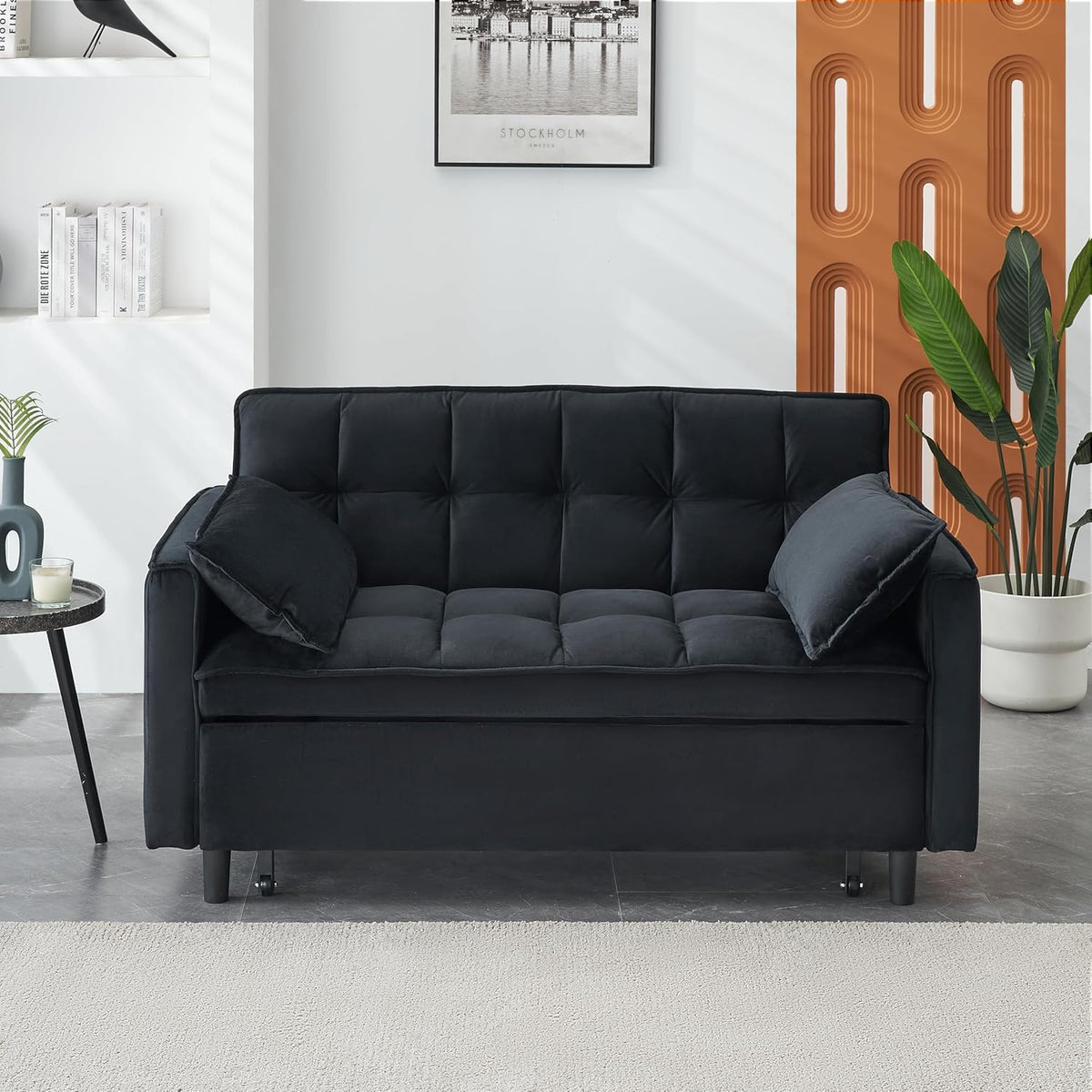 Ball & Cast 55" Convertible Sleeper Sofa Bed,Convertible Pull Out Couch with 2 Pillows,Adjustable Backrest & Side Pocket,Loveseat Futon Sofa Bed for Living Room,Apartment,Velvet Fabric,Black