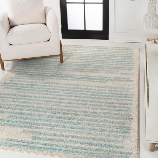 JONATHAN Y Khalil Modern Berber Stripe Cream/Turquoise Indoor Area Rug, 5x8, Contemporary, Bohemian, Easy-Cleaning for Living Room, Bedroom, Kitchen, Pet Friendly, Non-Shedding (MOH207B-5)