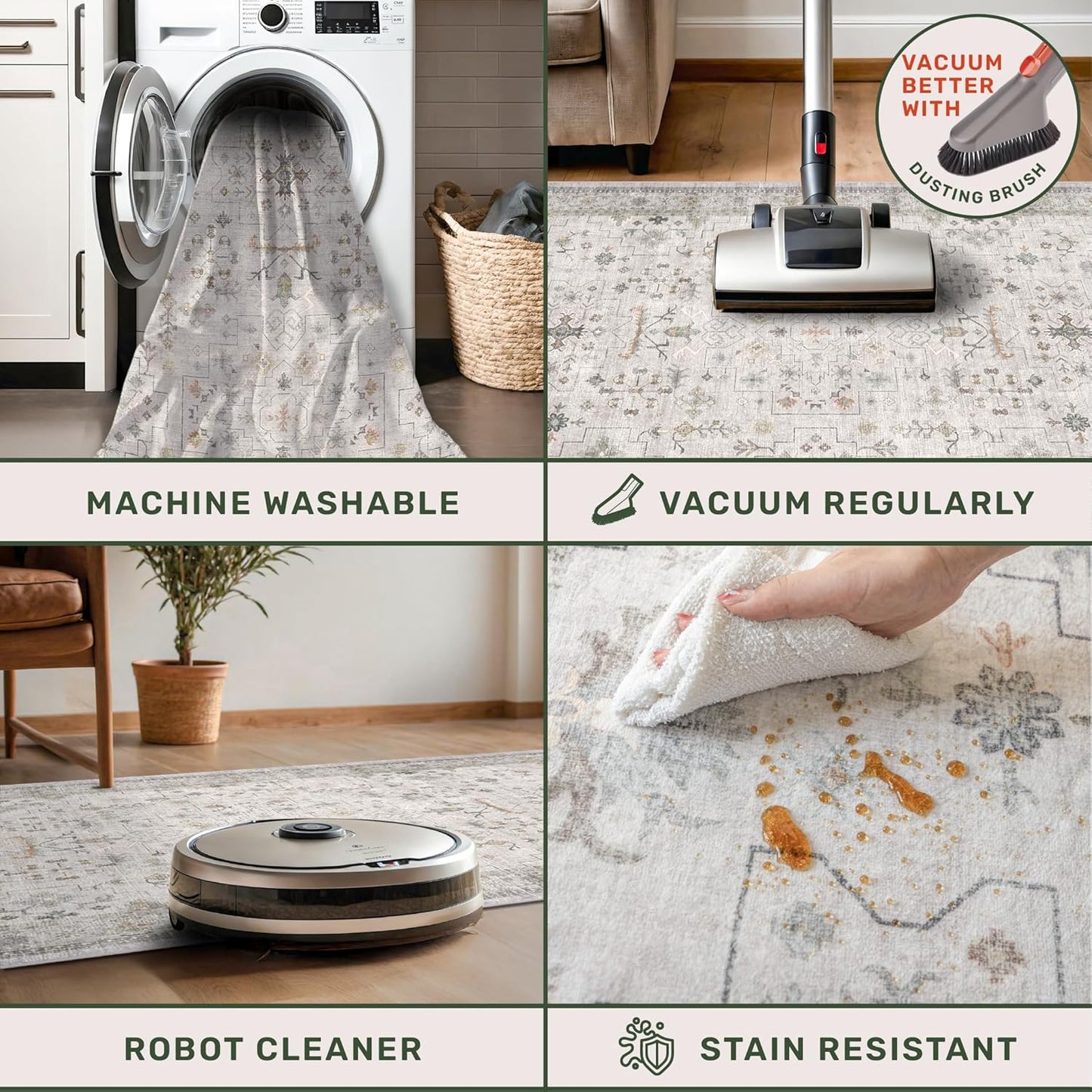 Boho Light Grey 5x7 Living Room Rug - Modern Vintage Eclectic Floral Pastel Neutral Taupe, Washable Low Pile Non-Slip Large Area Rugs for Nursery Dining Under Table Bedroom Lounge