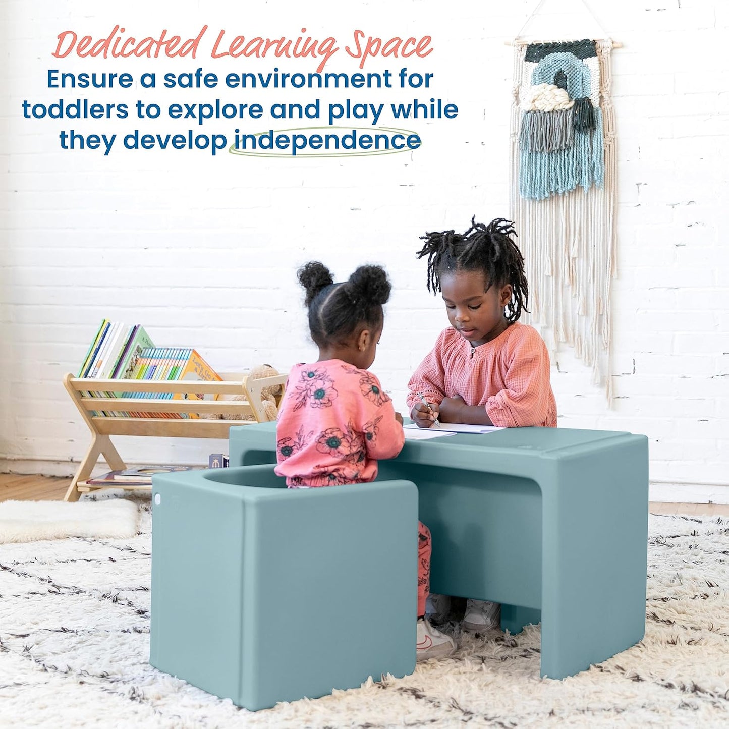 ECR4Kids Tri-Me Table and Cube Chair Set, Multipurpose Furniture, Powder Blue, 3-Piece