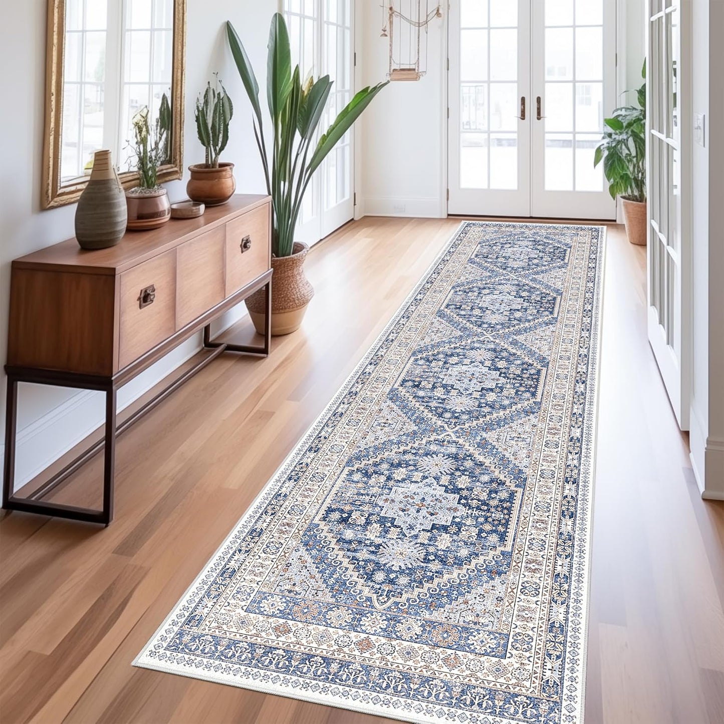 zesthome Washable Runner Rug 2.5x10 - Stain Resistant Entryway Rug,Ultra-Thin Kitchen Rugs, Anti Slip Backing Runner Rugs for Entrance Laundry Room Indoor Hallway (Blue/Beige,2.5'x10')