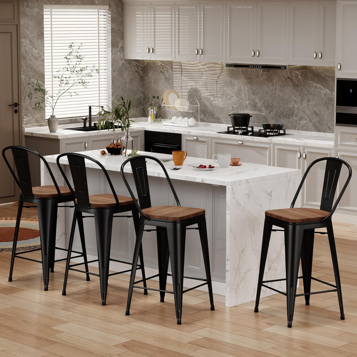 Changjie Furniture 24 Inches Metal Barstools Set of 4 Counter Height Bar Stools Industrial Stools with Backs High Back Chairs for Kitchen Island (24 Inch, Black)