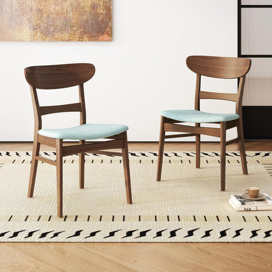 Set of 2 Solid Wood Dining Chairs, Fabric Upholstered Seat Mid-Century Modern Kitchen Furniture for Living Room, Mint+Walnut
