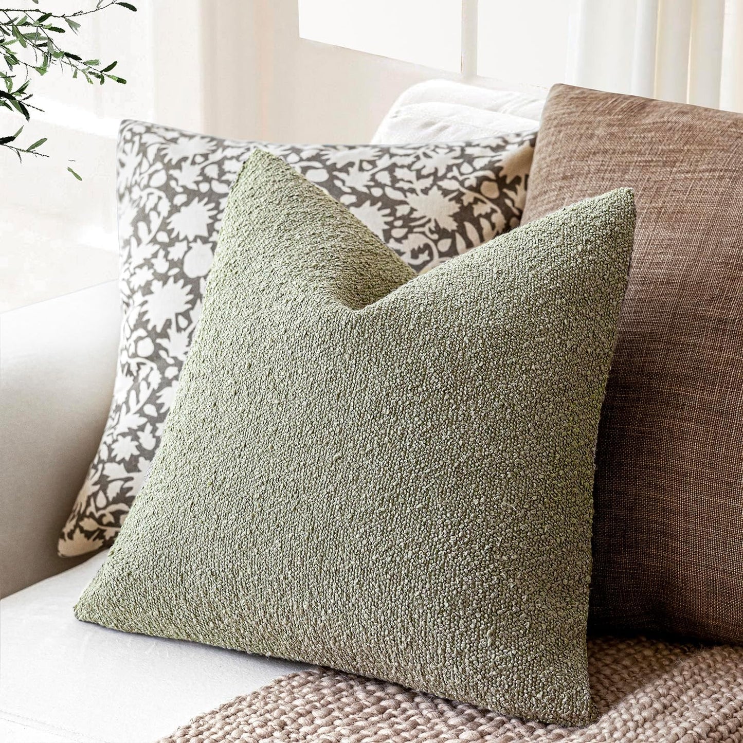 Foindtower Set of 2, Decorative Textured Boucle Throw Pillow Covers Accent Solid Pillow Cases Neutral Soft Couch Cushion Case for Chair Sofa Bedroom Living Room Home Decor 24x24Inch Dirty Sage Green