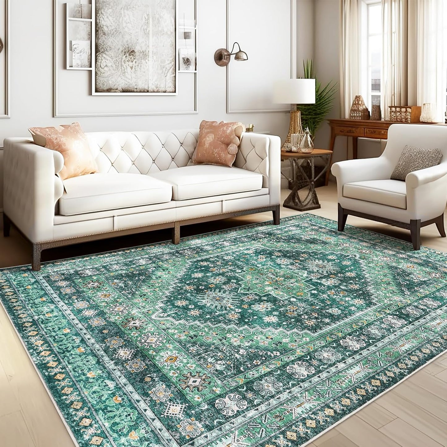 zesthome 5x7 Area Rugs - Ultra-Thin Washble Rug, Stain Resistant Anti Slip Backing Rugs for Living Room,Bedroom, Vintage Home Decor Area Rug(Green/Teal,5'x7')