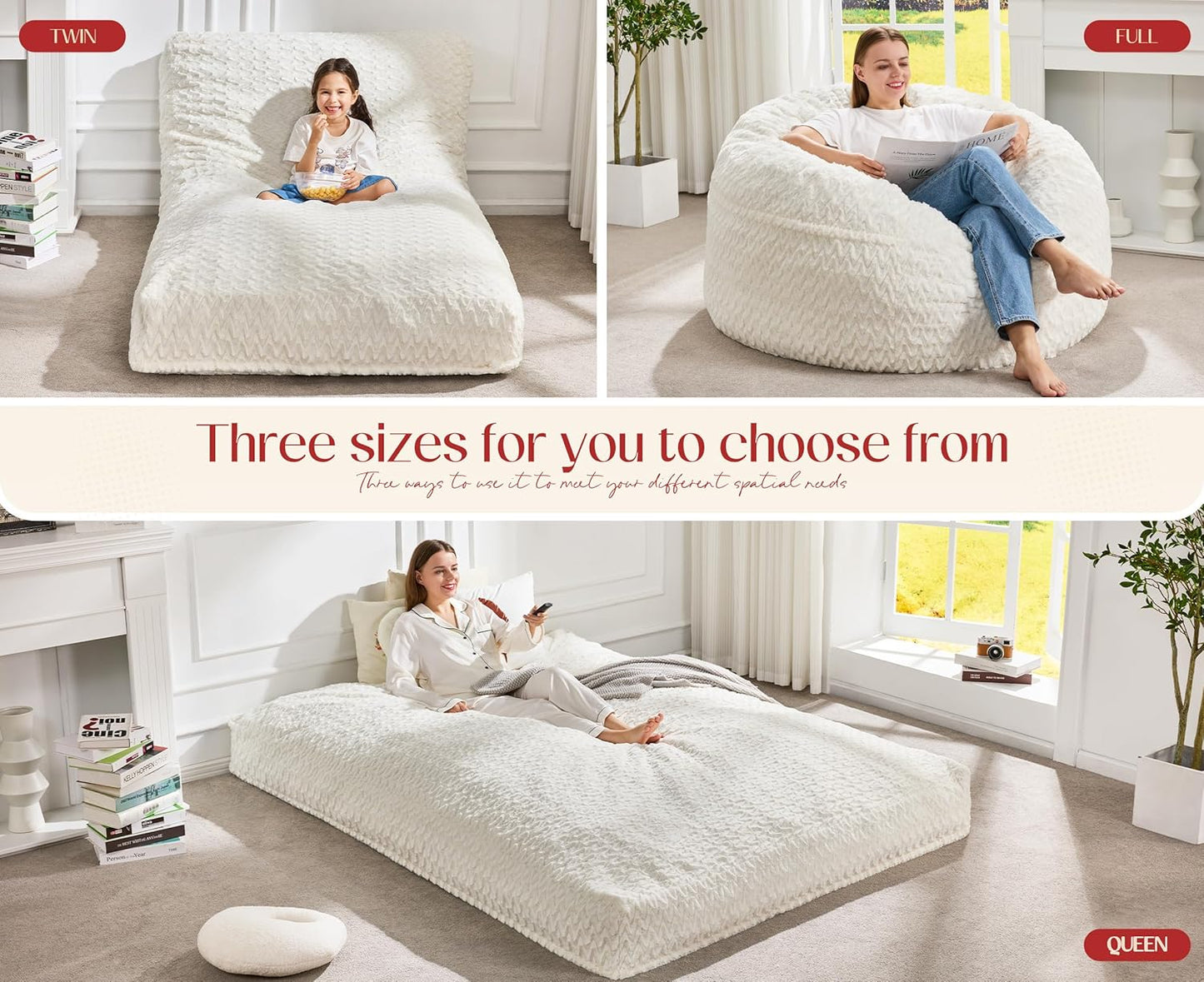 Hobestluk Bean Bag Chair Convertible Beanbag Chairs for Adults, 3 in 1 Bean Bags with Plush Chevron Cover, Adult Bean Bag Chair for Living Room, Bedroom (White, Full)