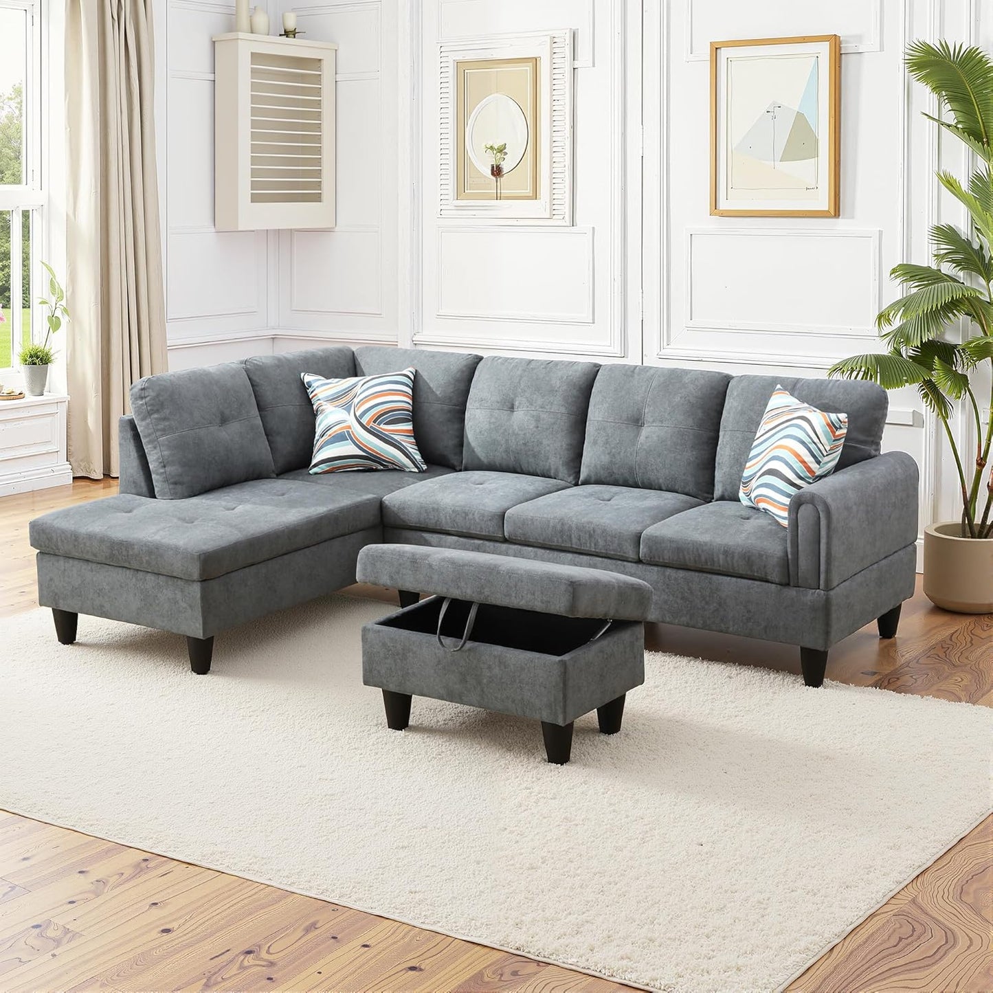 Osparple L Shaped Couch Sectional Couches for Living Room Upholstered Fluffy Fabric 3 Pieces Modular Sectional Sofa with Chaise, Ottoman with Storage for Living Room and Small Apartment, Dark Grey