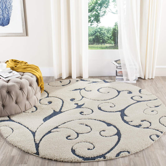SAFAVIEH Florida Shag Collection 9' Round Cream/Blue SG455 Scrolling Vine Graceful Swirl Textured Non-Shedding Living Room Bedroom Dining Room Entryway Plush 1.2-inch Thick Area Rug