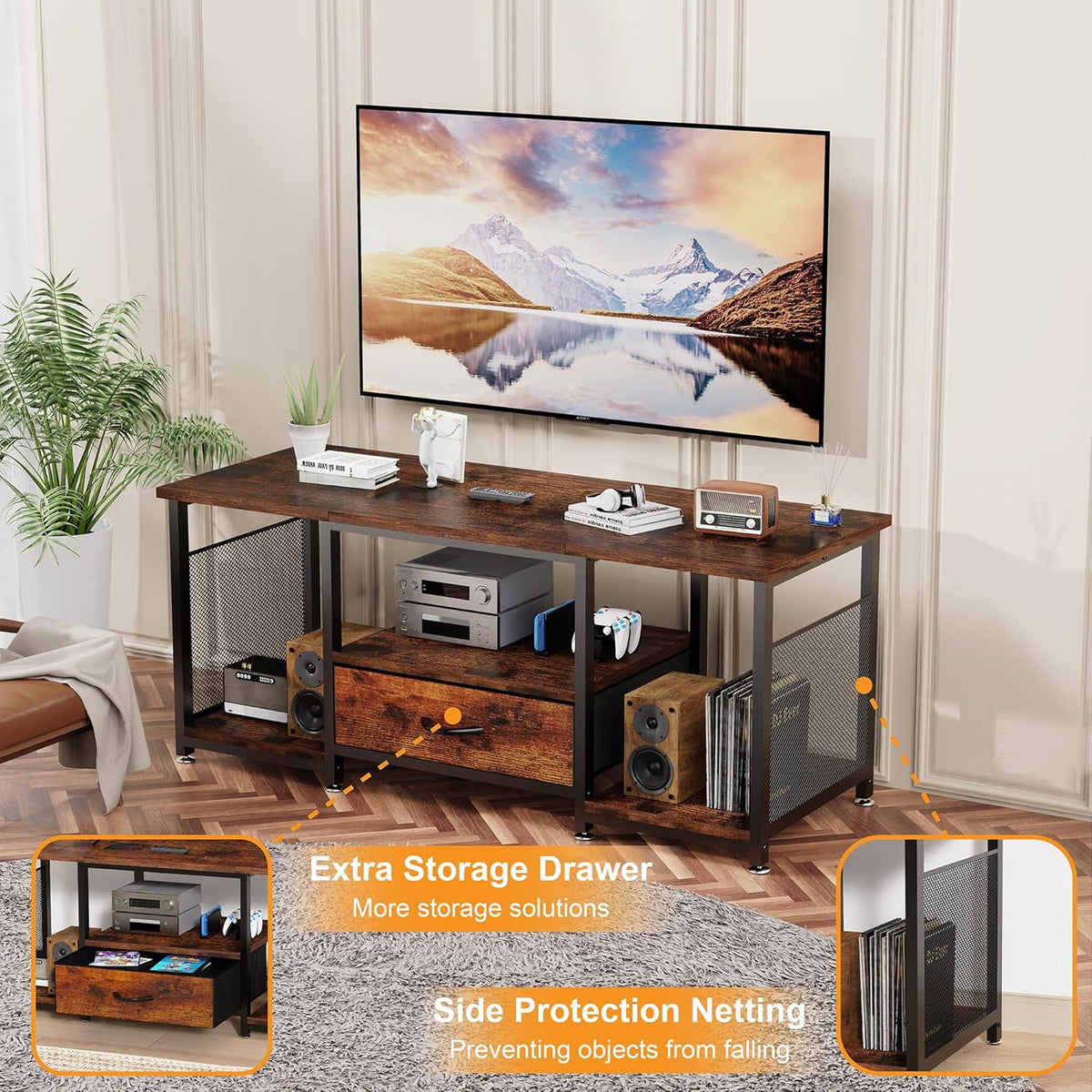TV Stand with Drawers and Open Storage Shelves for 65 60 55 Inch TV, Entertainment Center with Open Storage Shelves, Industrial Media TV Console Table for Living Room Bedroom Office, Rustic Brown