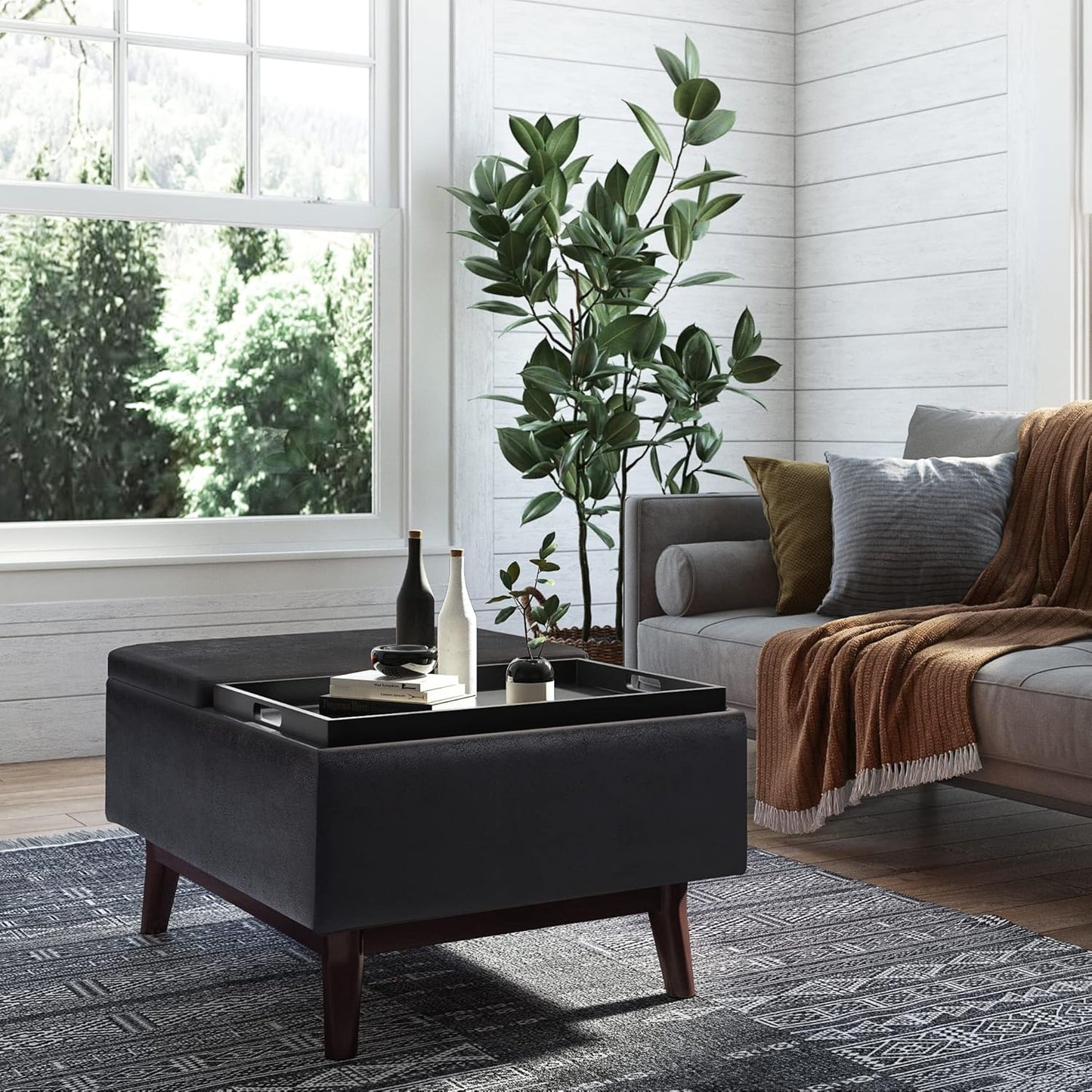SIMPLIHOME Owen 34 inch Wide Mid Century Modern Rectangle Tray Top Small Coffee Table Storage Ottoman in Distressed Black Vegan Faux Leather, Assembled, for the Living Room, Entryway and Family Room