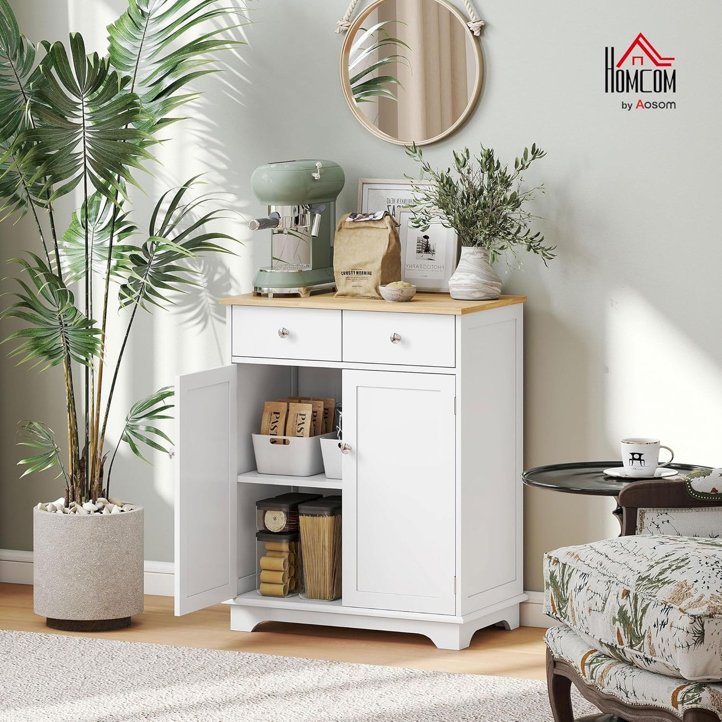 HOMCOM Sideboard with Solid Wood Countertop, Modern Kitchen Storage Cabinet, Coffee Bar Cabinet with 2 Drawers, Doors and Adjustable Shelf, White