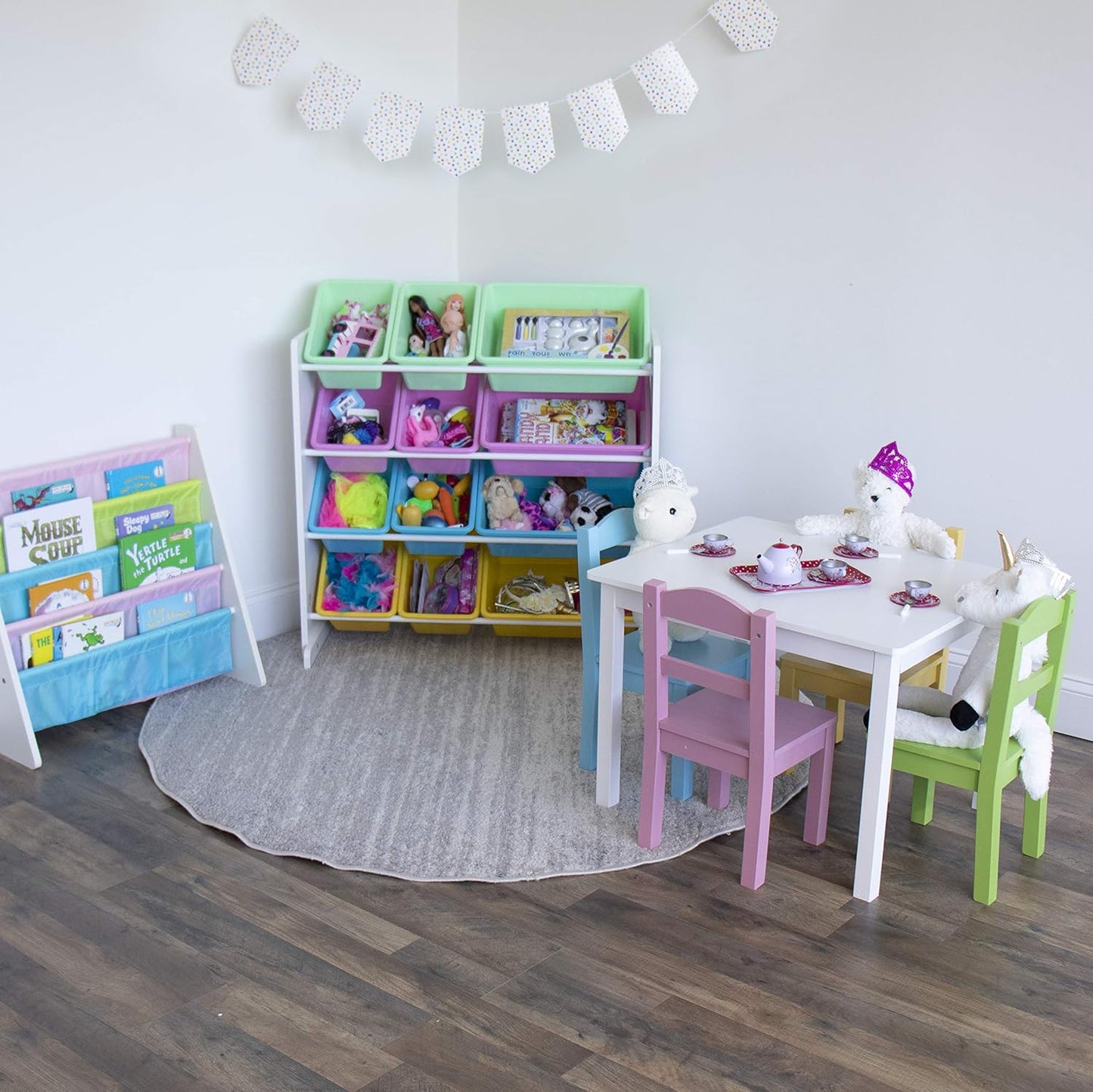 Humble Crew Kids Wooden Table and 4 Chairs Set, White/Pastels - Kids Table and Chair Set for Toddlers and Children for Arts, Crafts, and Snack Time - Sturdy, Durable Toddler Activity Table