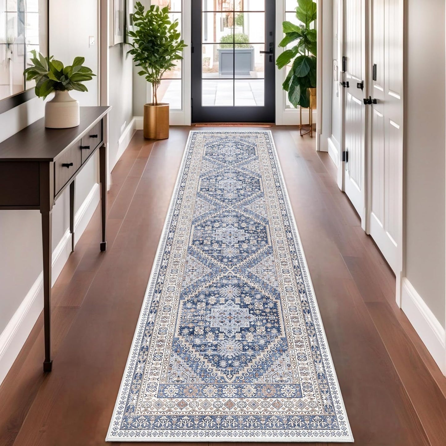zesthome Washable Runner Rug 2.5x10 - Stain Resistant Entryway Rug,Ultra-Thin Kitchen Rugs, Anti Slip Backing Runner Rugs for Entrance Laundry Room Indoor Hallway (Blue/Beige,2.5'x10')