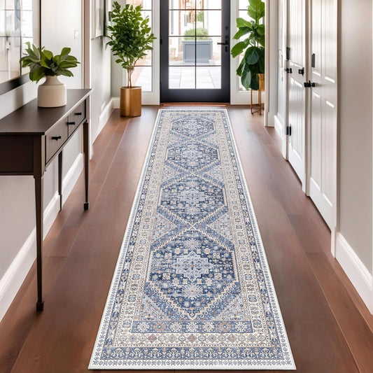 zesthome Washable Runner Rug 2.5x10 - Stain Resistant Entryway Rug,Ultra-Thin Kitchen Rugs, Anti Slip Backing Runner Rugs for Entrance Laundry Room Indoor Hallway (Blue/Beige,2.5'x10')