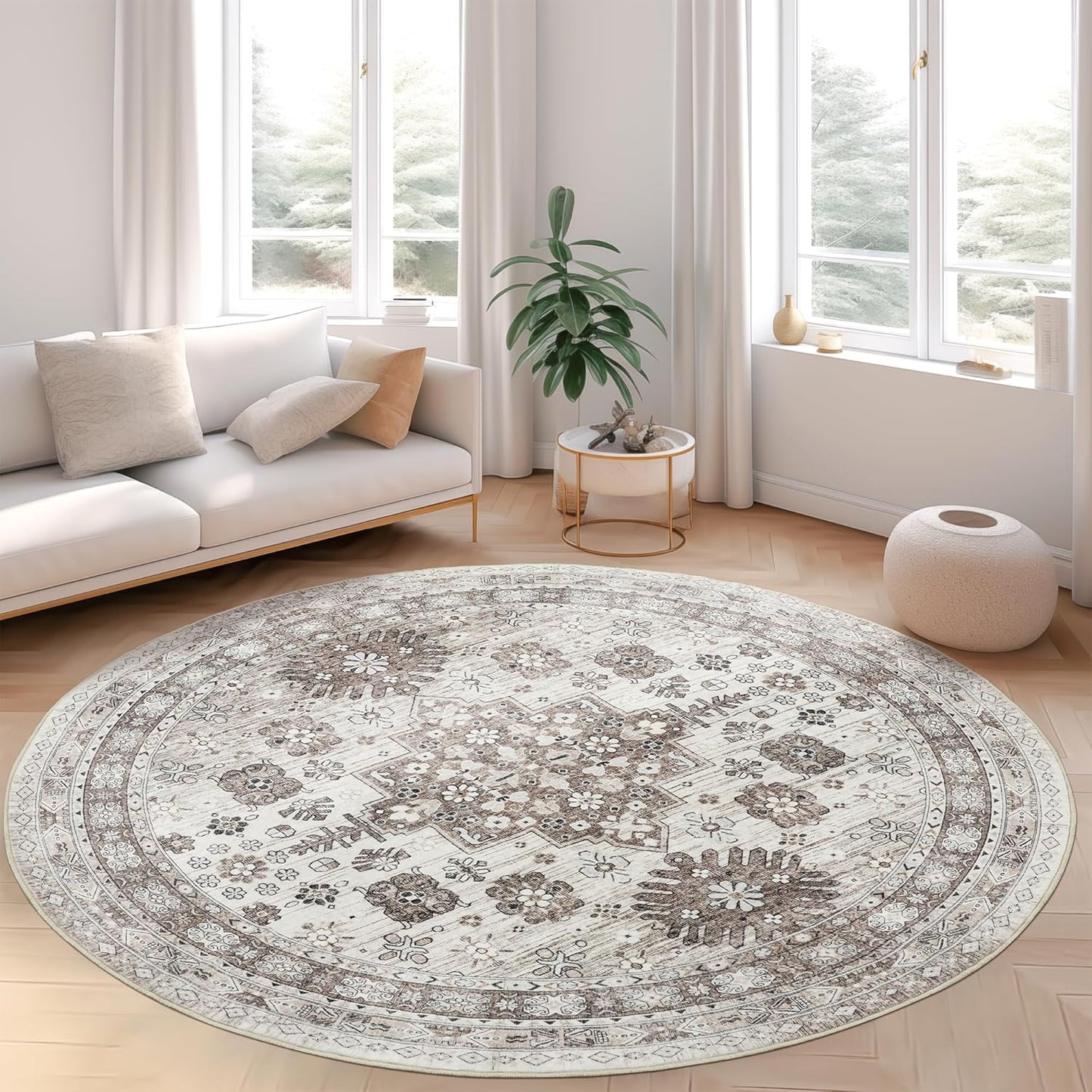 zesthome 8ft Round Rugs for Living Room, Non-Slip Washable Round Area Rugs, Ultra-Thin Large Circle Rugs, Soft Low Pile Rug for Bedroom, Kitchen - Vintage Stain Resistant Round Rug (Brown/Beige,8'x8')