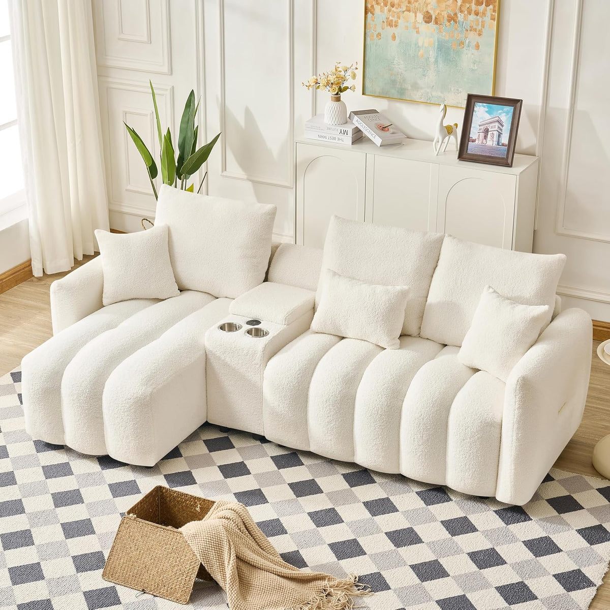 92-Inch Teddy Boucle Tufted Sofa Couch with Storage Console and Chaise Lounge, L-Shaped Left Facing Corner Sectional Sofa Couch with Cupholders, USB Ports and Golden Accent for Living Room Office