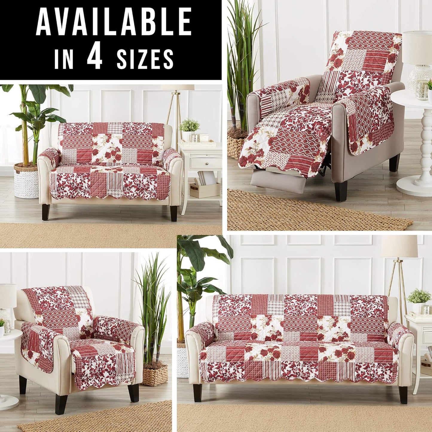 Great Bay Home Patchwork Scalloped Printed Furniture Protector Stain Resistant Recliner Cover (Recliner, Burgundy)