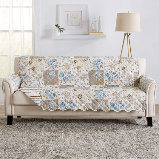 Great Bay Home Reversible Floral Patchwork Furniture Protector Scalloped Edge Stain Resistant Printed Furniture Protector Maribel Collection (Sofa, Taupe/Blue)