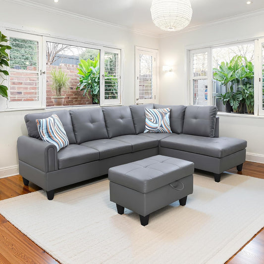 NicBex Sectional Couch 3 Pieces Sofa Set with Left Chaise Faux Leather L Shaped Cloud Couch for Living Room Furniture Sets with Storage Ottoman, Modular Sofa for Living Room & Apartment, Gray