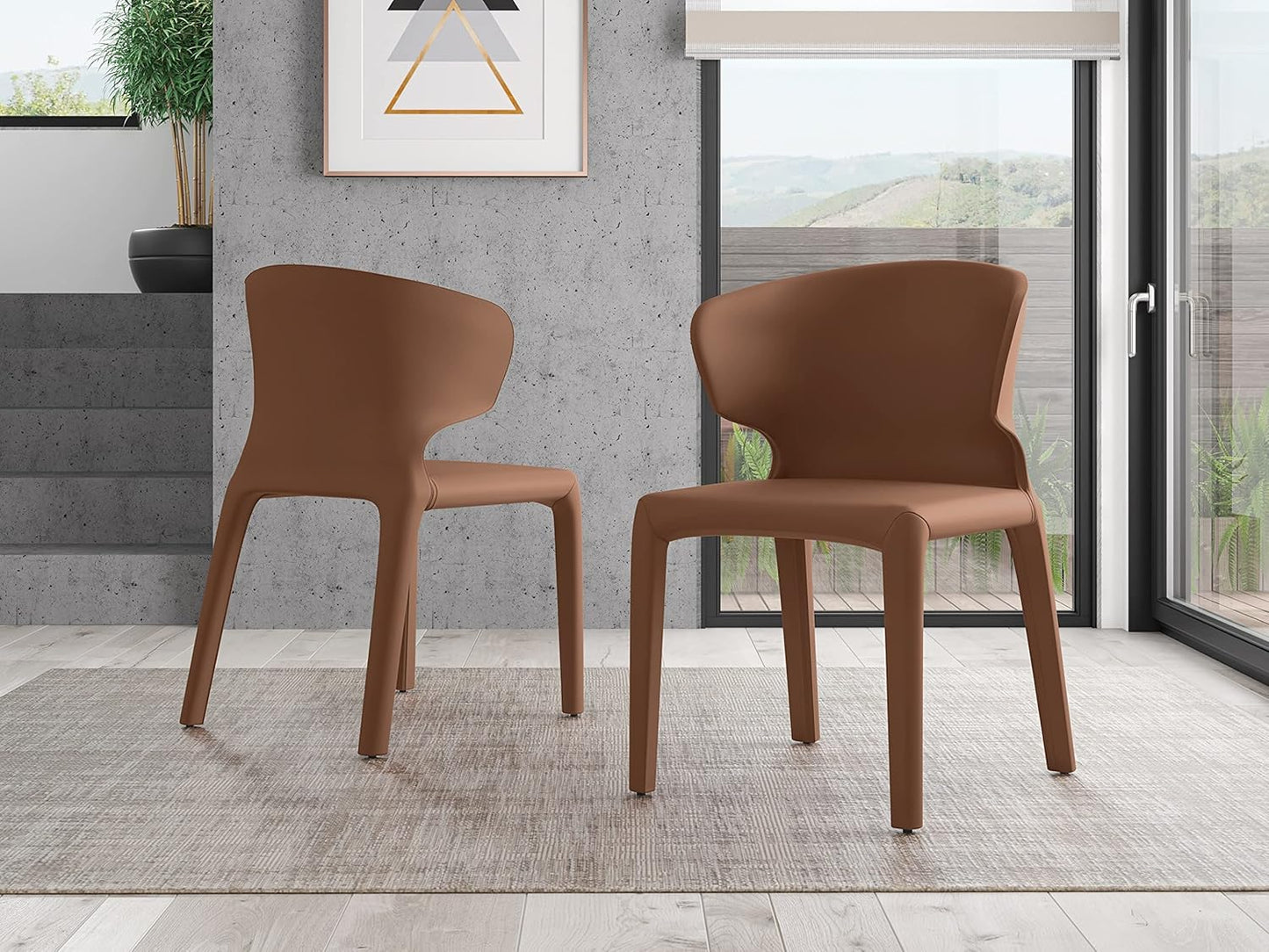 Manhattan Comfort Conrad Mid Century Modern Dining Chairs Woven Tweed Upholstered Kitchen Furniture with Contoured Back, Foam Padding & Metal Legs, Set of 2, Saddle