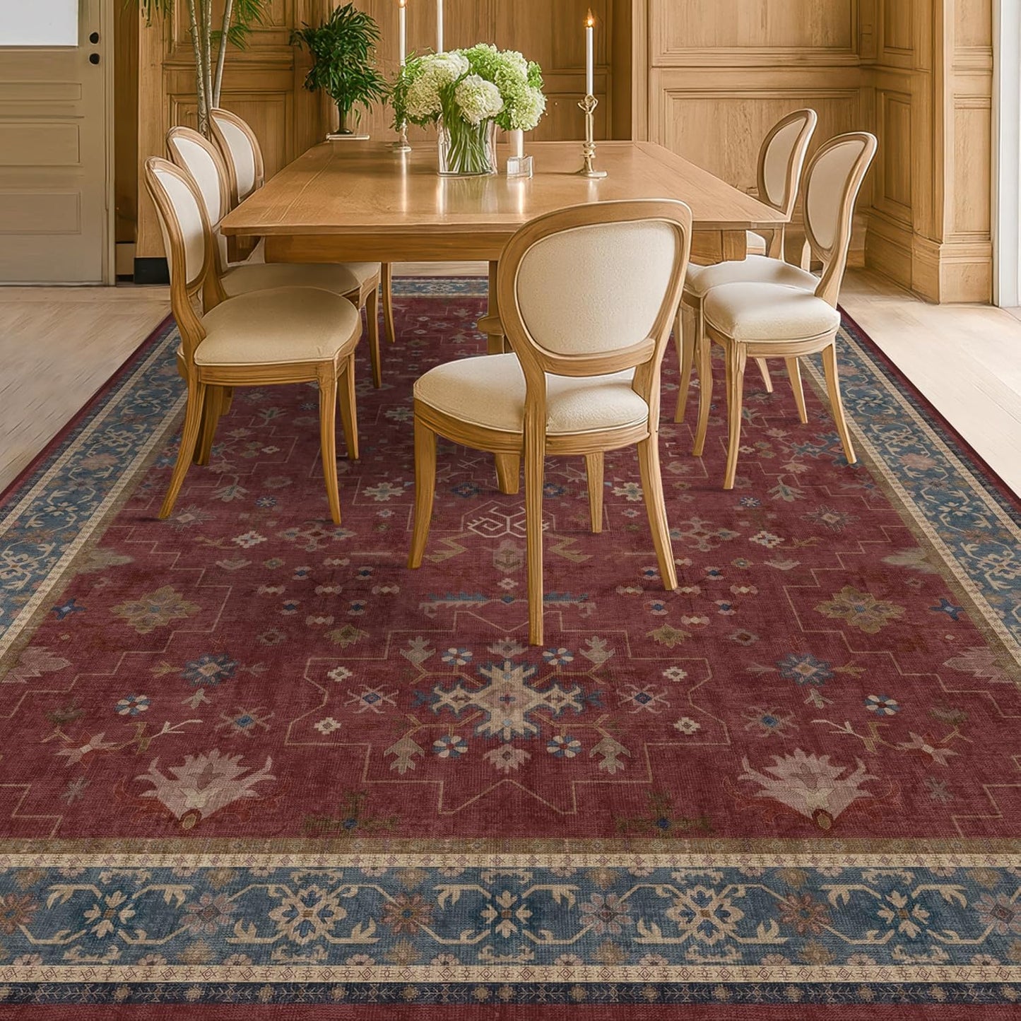 7x9 Dining Room Rugs for Under Table - Vintage Burgundy Boho Living Room Rug, Lightweight Washable Soft Floor Carpet,Southwestern Bed Room Décor Aesthetic