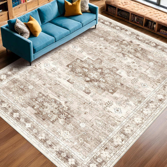 Washable Neutral Farmhouse Living Room Rug, 6x9 Area Rugs for Bedroom, Dining Room Under Table Carpet, Kids Room, Large Boho Vintage Non-Slip Floral Rugs Low Pile Stain Resistant (6x9 Beige/Latte)