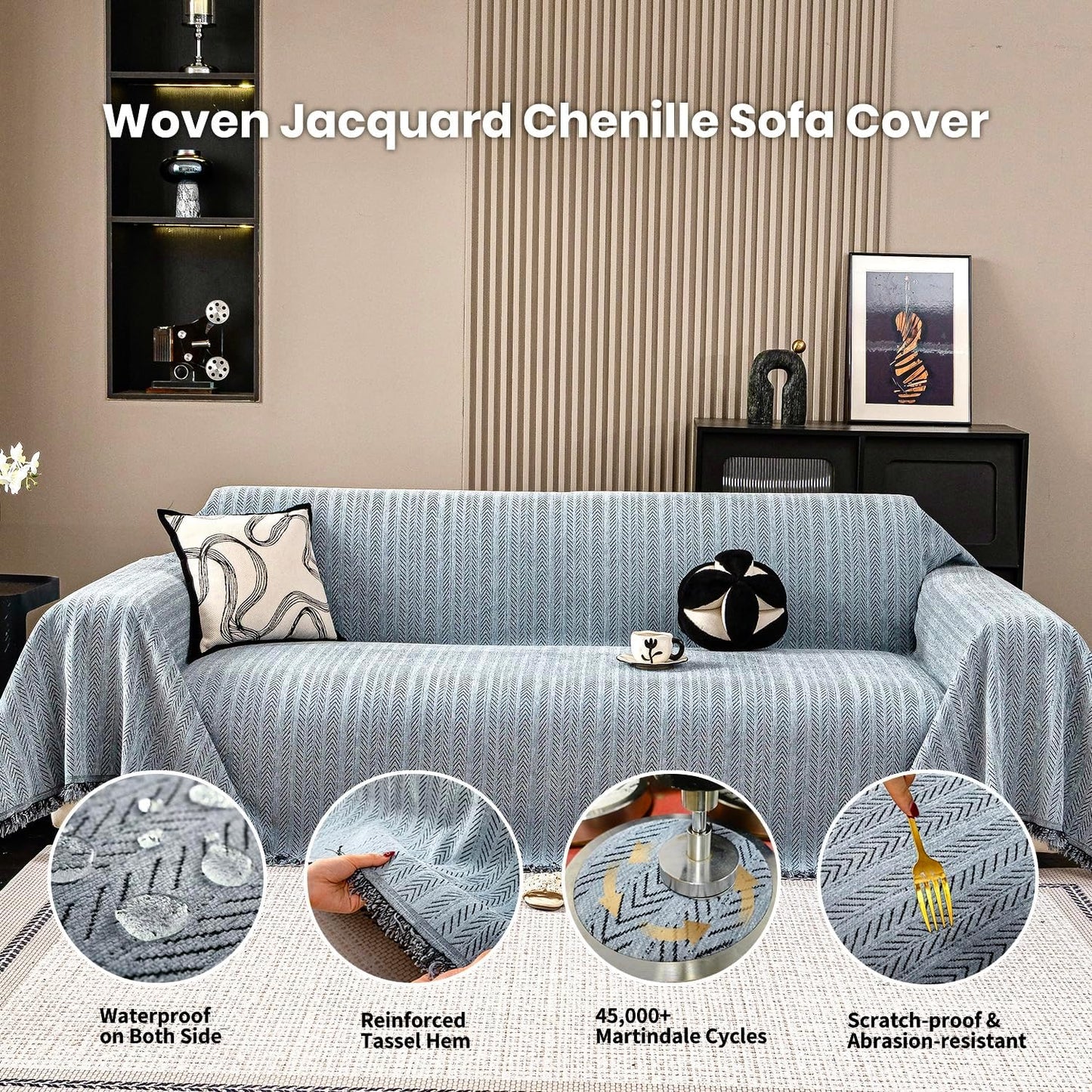 Nobildonna Sofa Cover Washable Soft Thicken Chenille Couch Cover with Tassel,Waterproof Sofa Slipcover for 2-3 Cushion Couch,Sectional Sofa,L-Shaped Furniture Protector Pet-Friendly,Dusty Blue71 x118