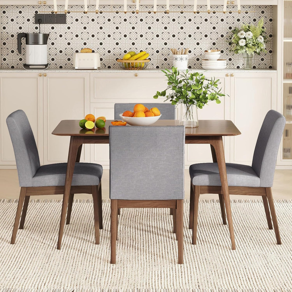 Dining Table Set for 4, Solid Rubberwood Upholstered Chairs, Mid-Century Modern Kitchen Furniture for Home, Dining/Living Room, Walnut+Gray
