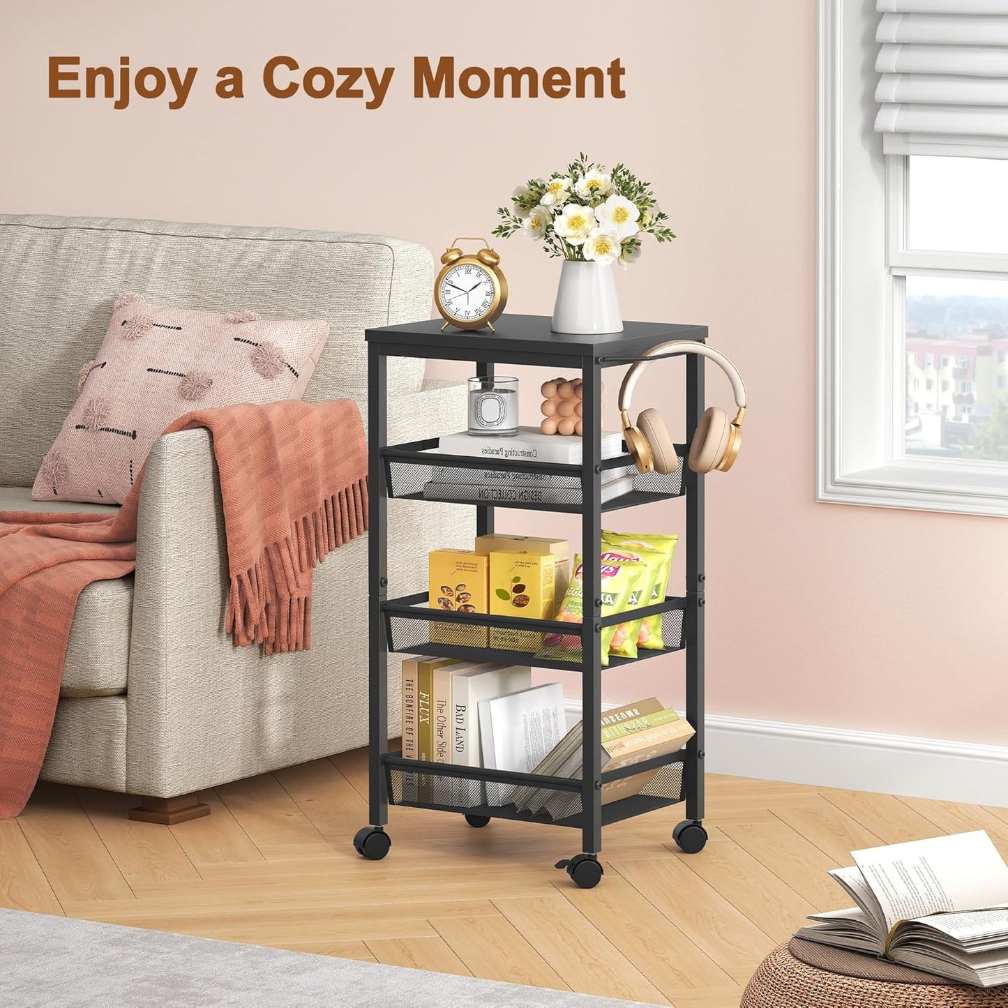 Hoctieon Rolling Storage Cart, 4-Tier Wide Panel Rolling Kitchen Storage Cart, Utility Cart with Handle & Wheels, Mobile Shelving Unit, Metal Frame Narrow Cart for Home Kitchen, Laundry, Black