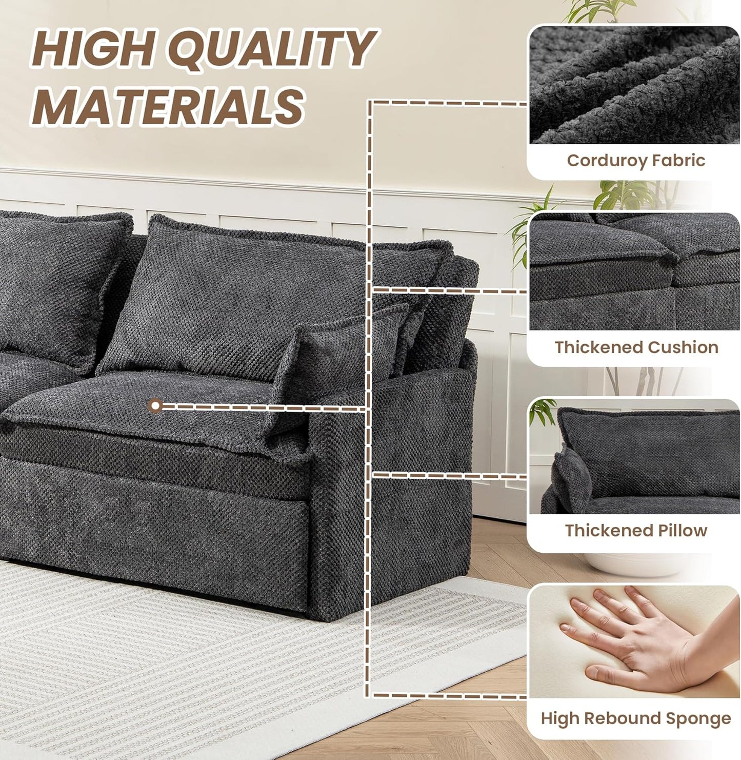 Furnimart 73.6" King Size Pull Out Sofa Bed, 3 in 1 Convertible Sleeper Bed with USB/C-Type Charging Ports & Side Pockets, Modern Futon Couch for Living Room, Apartment, Bedroom, Corduroy Dark Grey