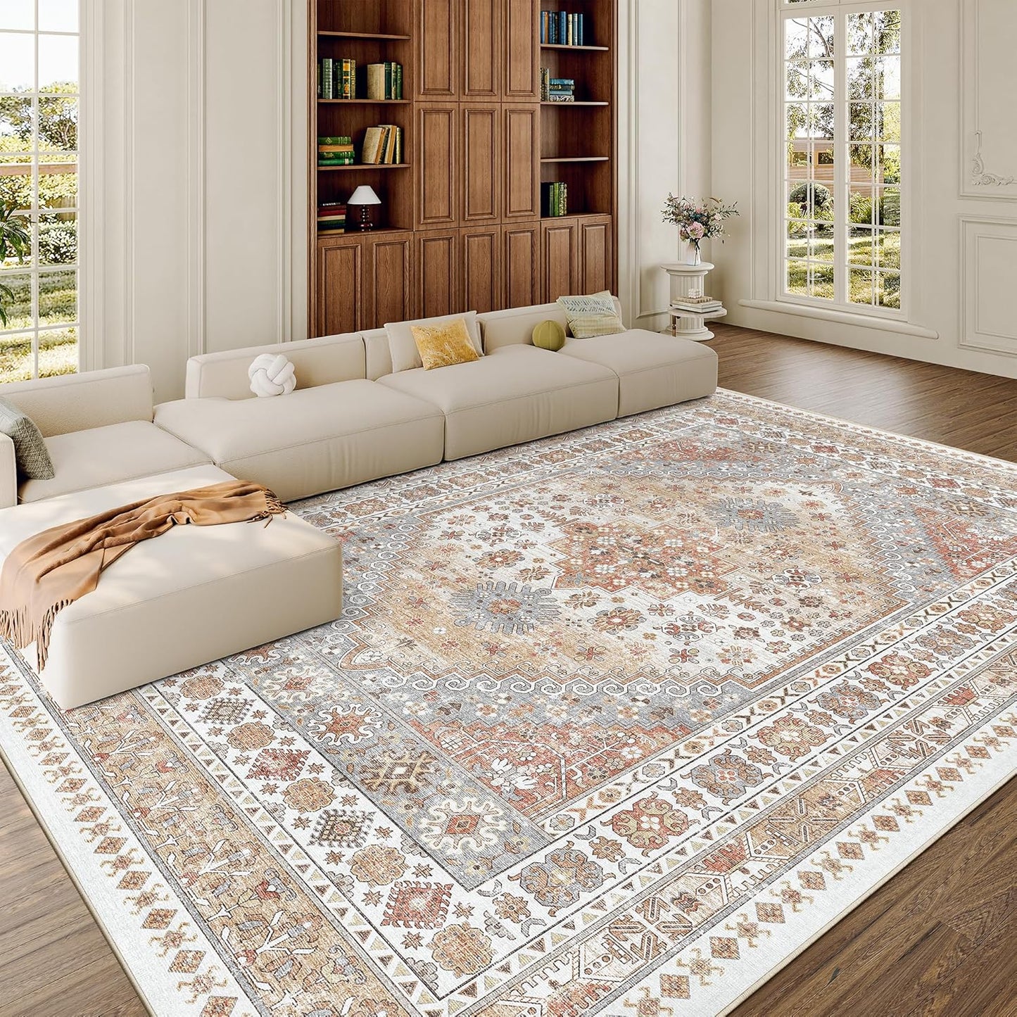 zesthome 8x10 Area Rugs for Living Room,Non-Slip Backing Washable Rugs,Vintage Large Area Rug，Stain Resistant Home Decor Rug (Orange,8'x10')