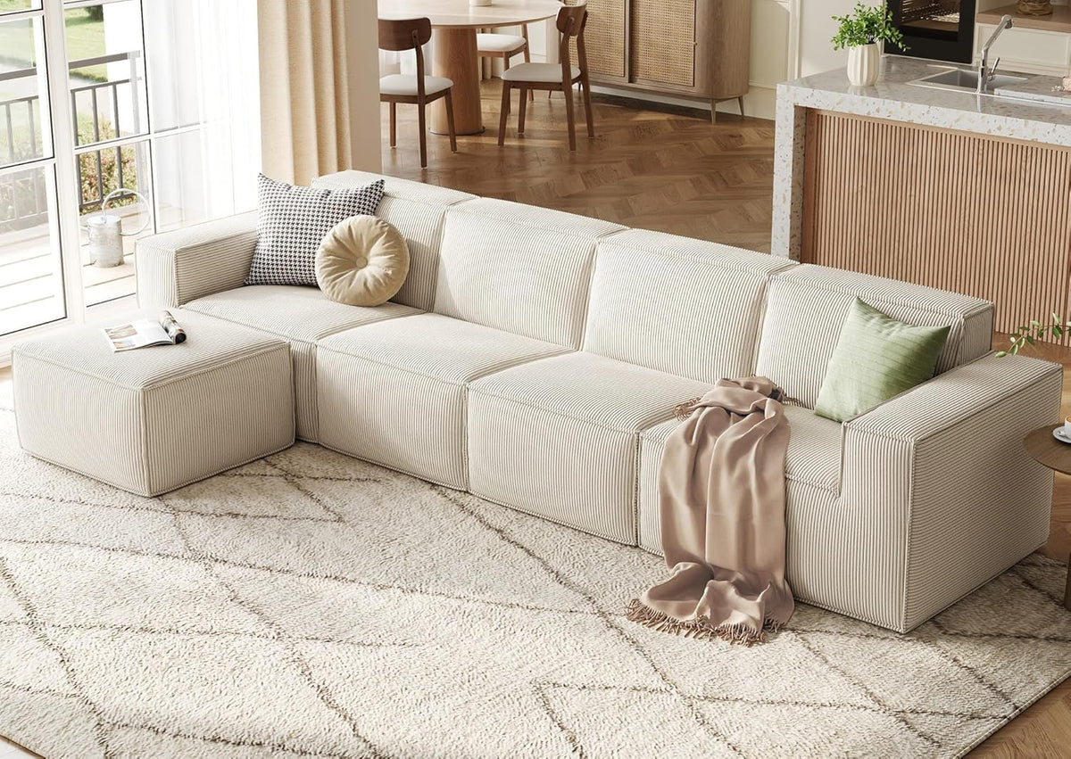 LINSY HOME Modular Sectional Sofa, 134" Boneless Couch L Shaped 4-Seat Sofa with Movable Ottoman, Corduroy Sectional Cloud Couches for Living Room, No Assembly Required, Beige