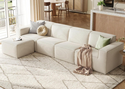 LINSY HOME Modular Sectional Sofa, 134" Boneless Couch L Shaped 4-Seat Sofa with Movable Ottoman, Corduroy Sectional Cloud Couches for Living Room, No Assembly Required, Beige