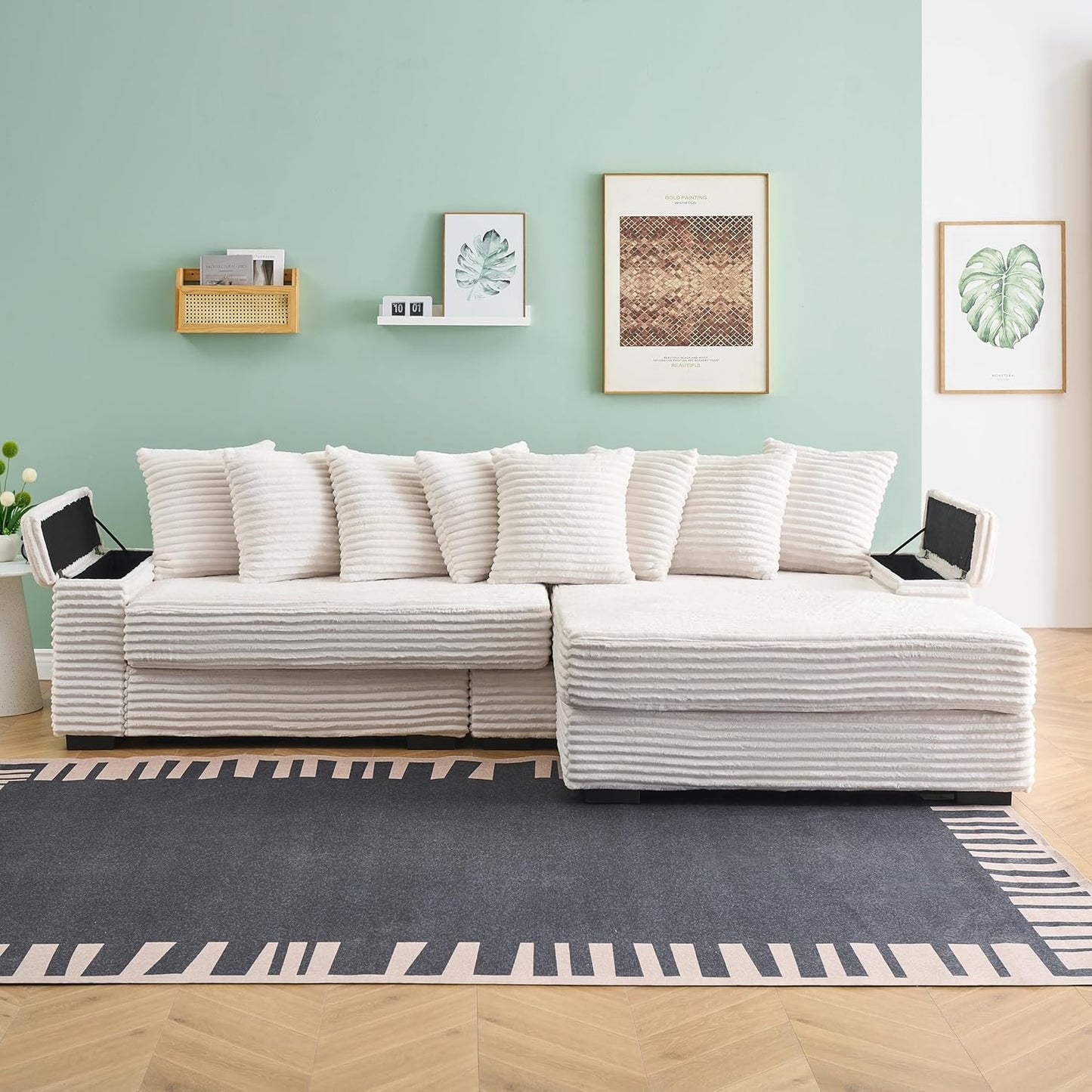 KEIKI 114" Corduroy Sofa with Cup Holders & Storage, L Shaped Sleeper Cloud Couch Set w/Reversible Chaise Lounge, Living Room Oversized Upholstered SofaBed for Apartment, Easy Assembly, Beige