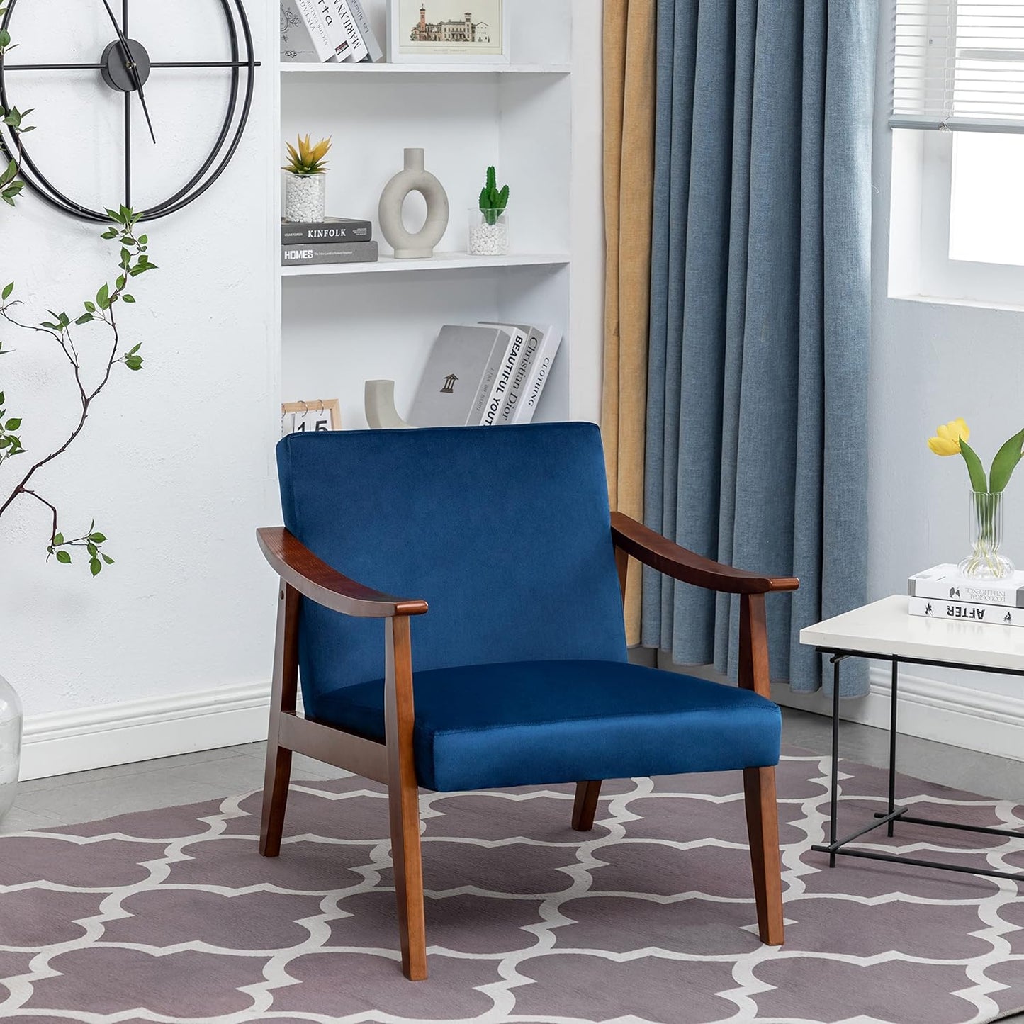 Container Furniture Direct Accent Chair with Velvet Upholstery and Solid Wood Frame, Classic Mid-Century Modern Living Room Furniture for Extra Seating, Dark Blue