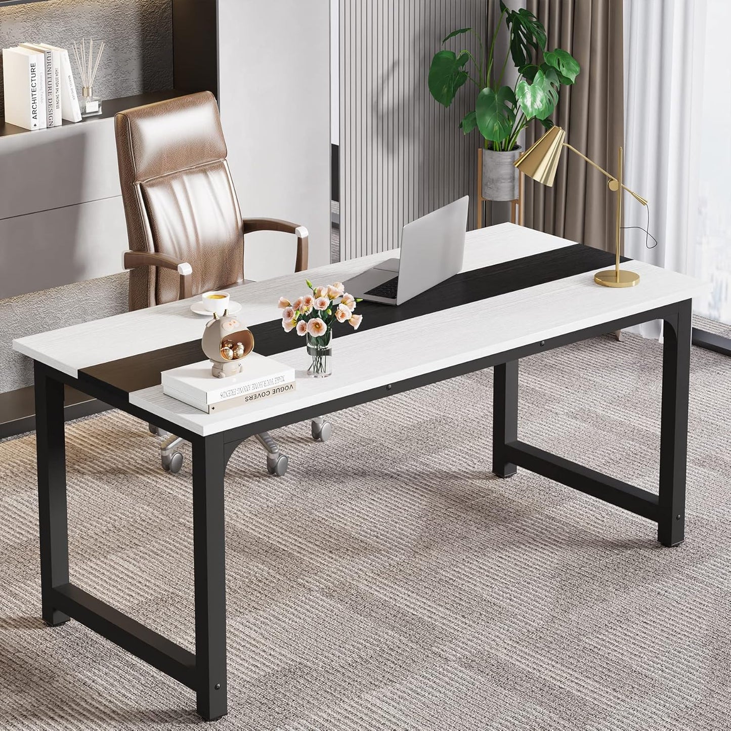 LITTLE TREE 70.8 Inch X-Large Executive Computer Office Desk, White+Black
