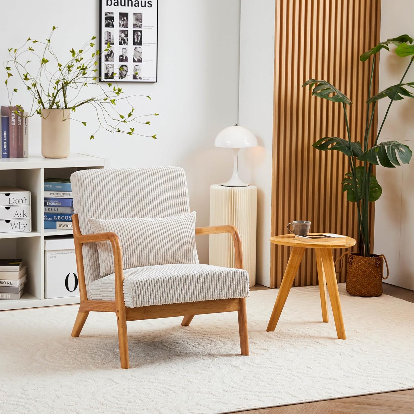 Ball & Cast Living Room Chair with Pillow,Mid-Century Modern Armchair w/Solid Wood Frame & Extra-Thick Backrest,Upholstered Reading Accent Chair for Bedroom,Beige