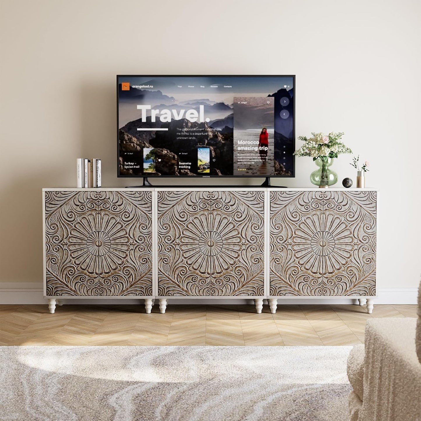 COSIEST Set of 3 32" Buffet Sideboard Cabinets with Storage, Accent Cabinet with Push-to-Open Doors, Vintage Flower Carved Pinewood Doors, Entryway Console for Living Room, Kitchen, Hallway, Gray