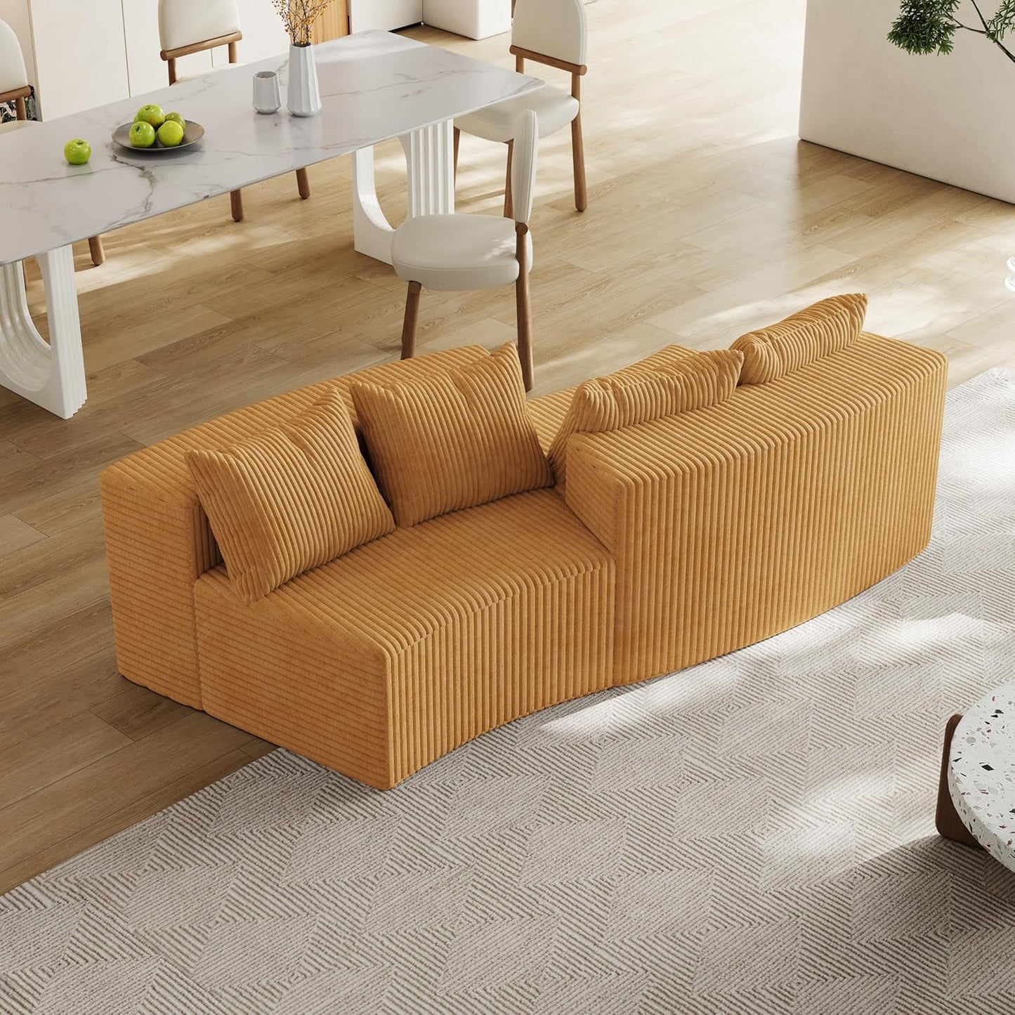 KEIKI Corduroy Curved Sectional Sofa, 2 Seater Symmetrical Modular Semi Circular Couch, Deep Seat Tufted Corner Sofa for Living Room, Lobby, Yellow