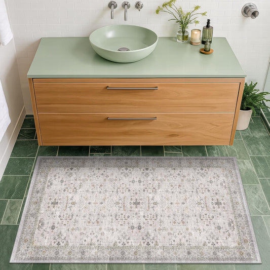 Light Grey Boho Bathroom Rug 2x4 - Modern Vintage Eclectic Floral Pastel Neutral Taupe, Washable Low Pile Non-Slip Small Throw Area Rugs for Entryway Door Mat Indoor Entrance, Kitchen