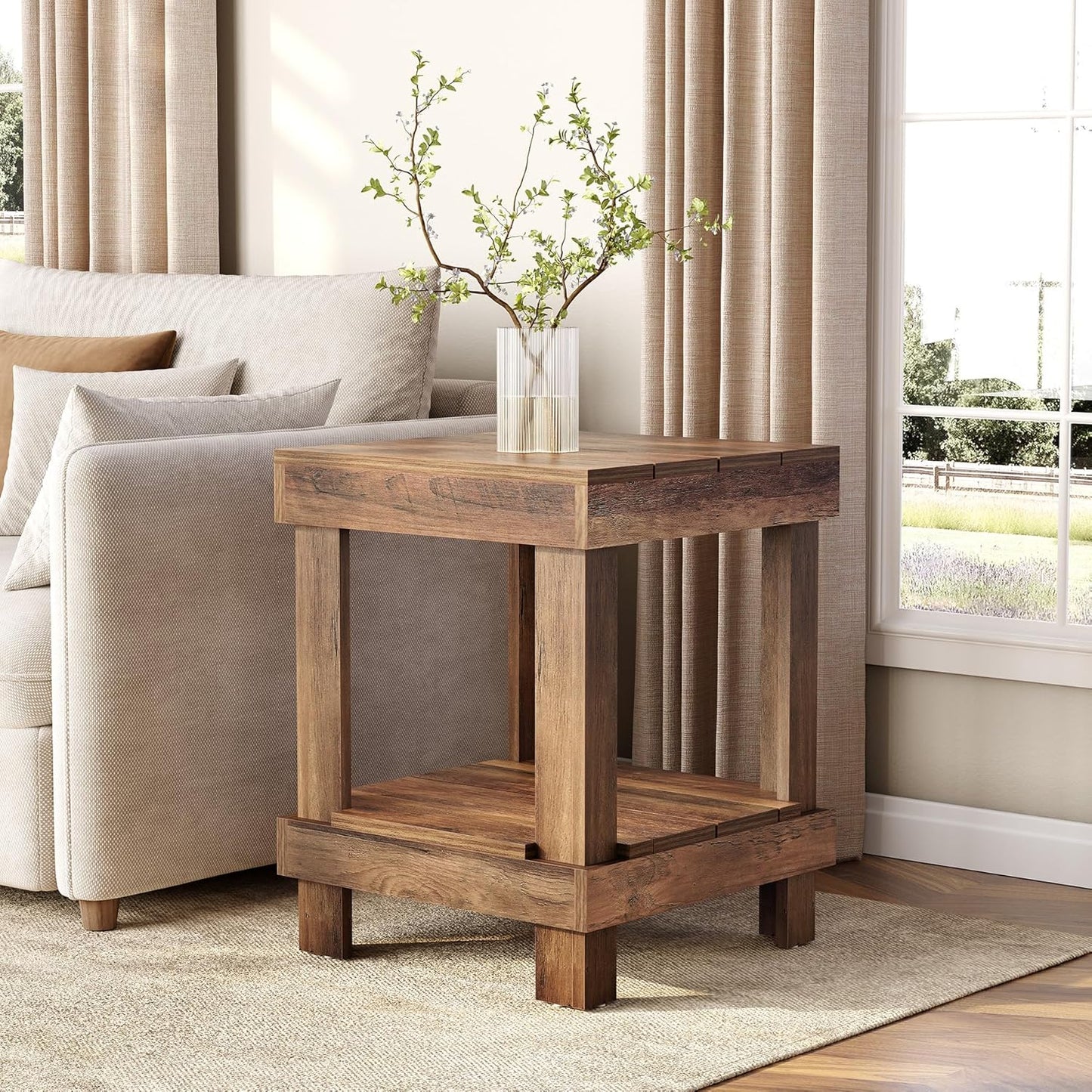 LITTLE TREE 2-Tier End Table, All Wooden Square Side Table with 2 Storage Shelves, Farmhouse Chairside Table Side End Table for Living Room, Small Bedside Table Nightstand for Bedroom, Natural Color