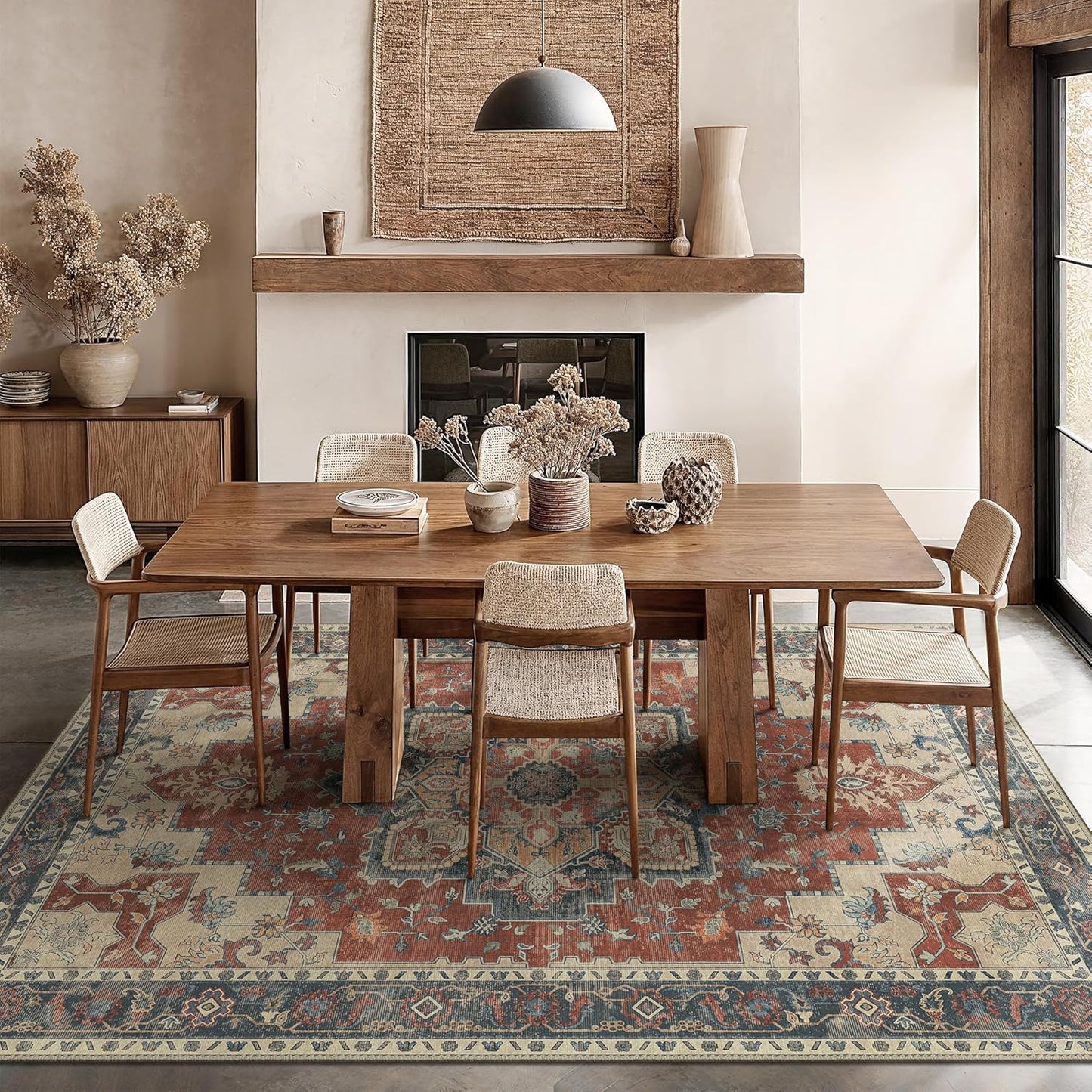 GENIMO 5x7 Area Rugs for Living Room, Machine Washable Non Slip Vintage Rugs, Low Pile Lightweight Chenille Print Rug for Bedroom, Dining Room, Home Office,Bordeaux