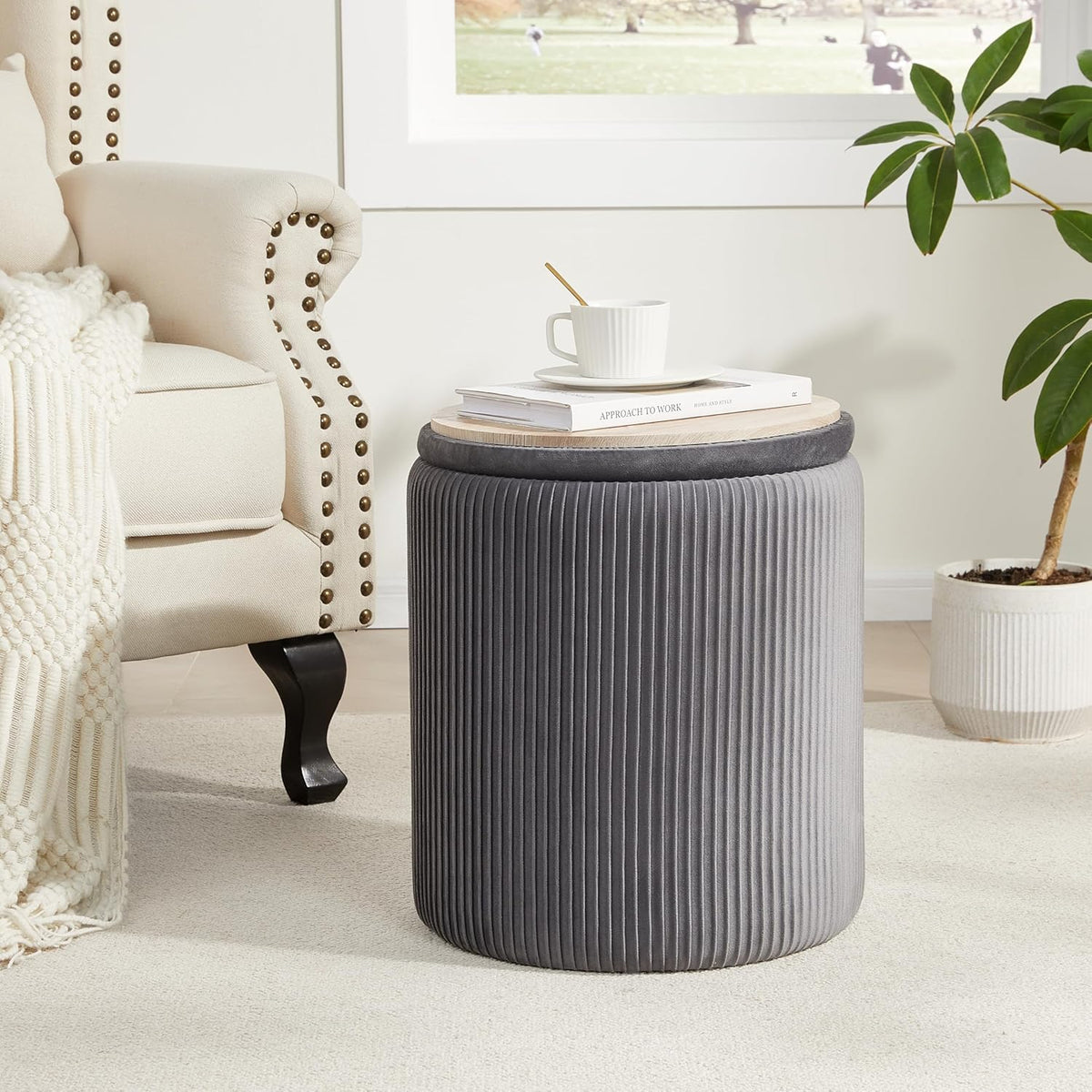 Royal Windsor Round Ottoman with Storage Set of 2,Vanity Stool with Storage for Bedroom, Ottoman Coffee Table,Small Velvet Foot Stool for Living Room,Grey