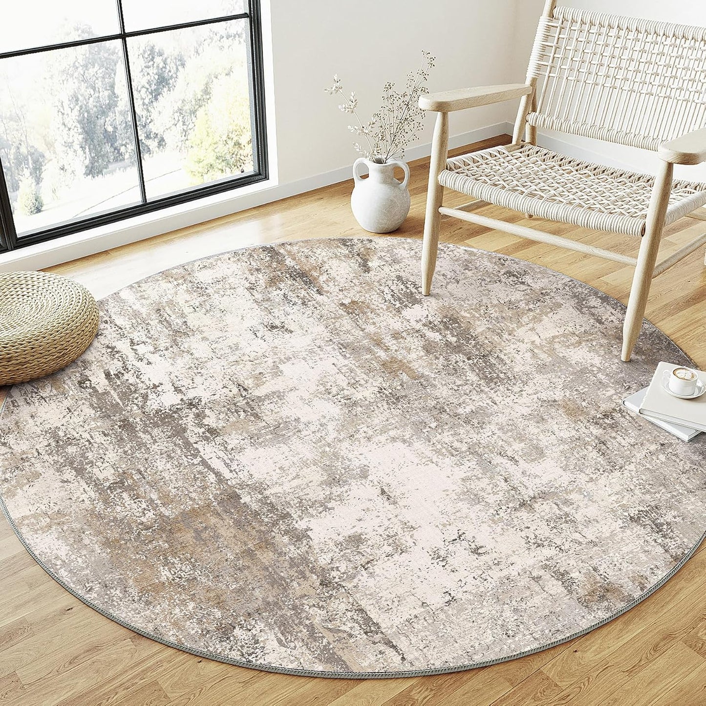 4x4 Washable Round Rug Brown Grey Neutral Abstract Entryway Non Slip Low Pile Area Rug Living Room Bedroom Indoor Doormat Soft Carpet for Entrance Bathroom Office Kitchen