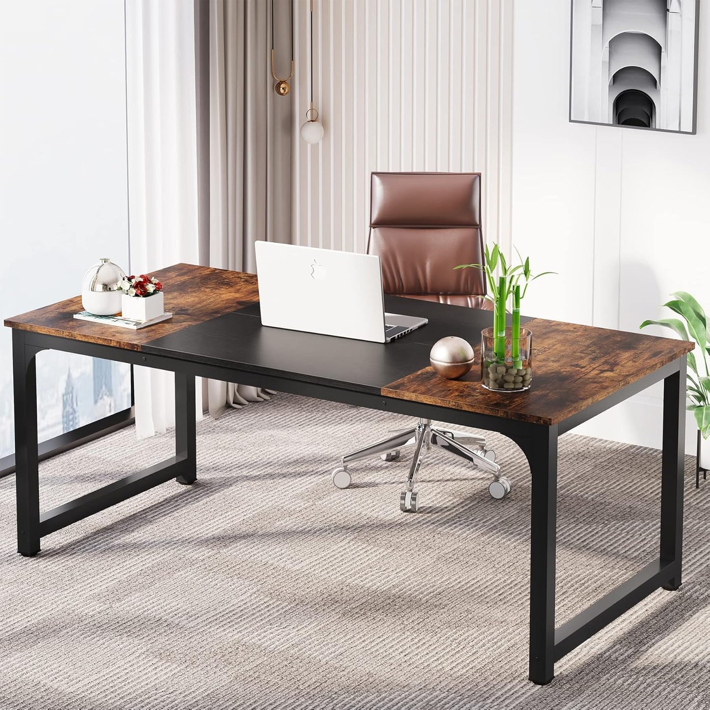 LITTLE TREE 70.8 Inch X-Large Executive Computer Office Desk, Brown+Black
