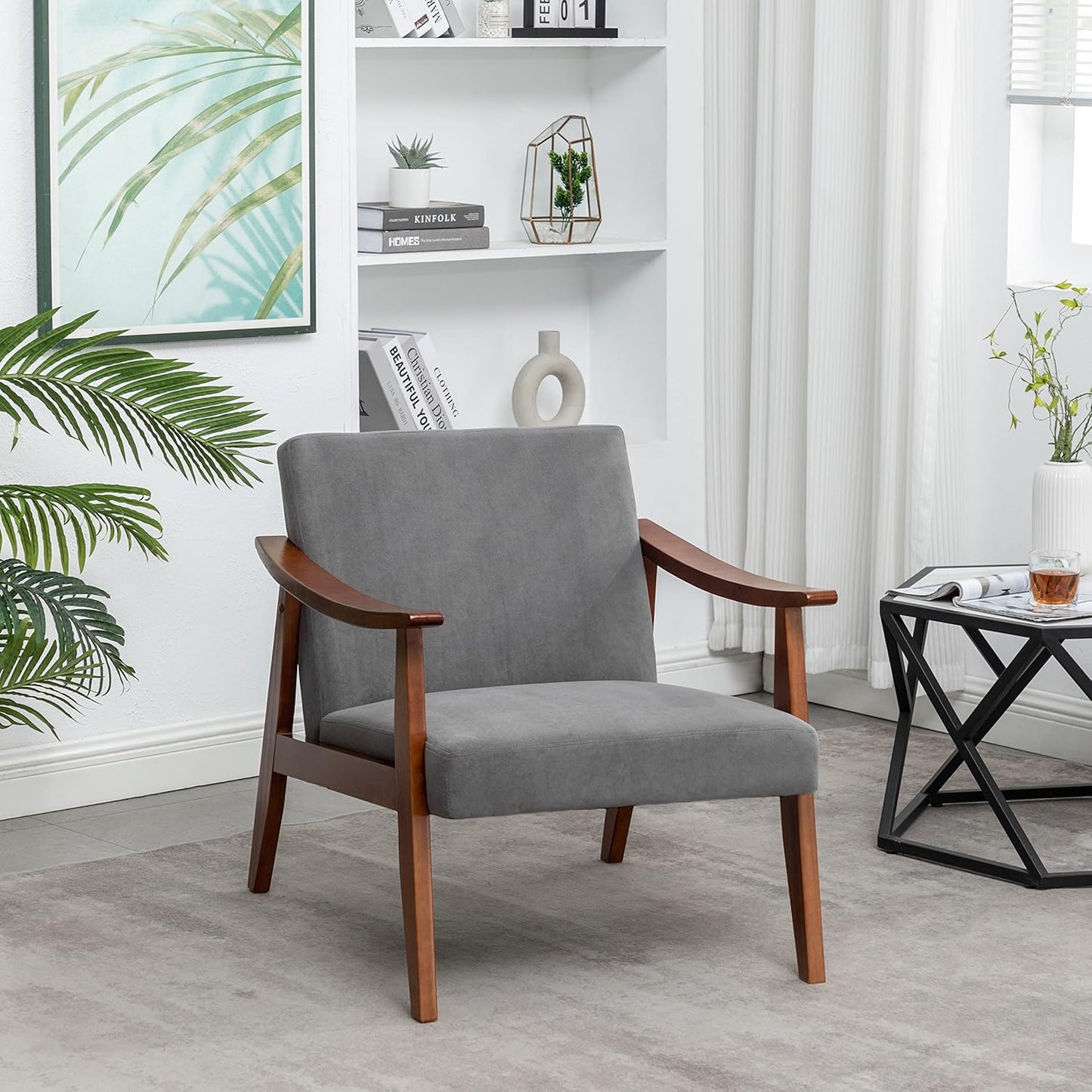 Container Furniture Direct Accent Chair with Velvet Upholstery and Solid Wood Frame, Classic Mid-Century Modern Living Room Furniture for Extra Seating, Grey