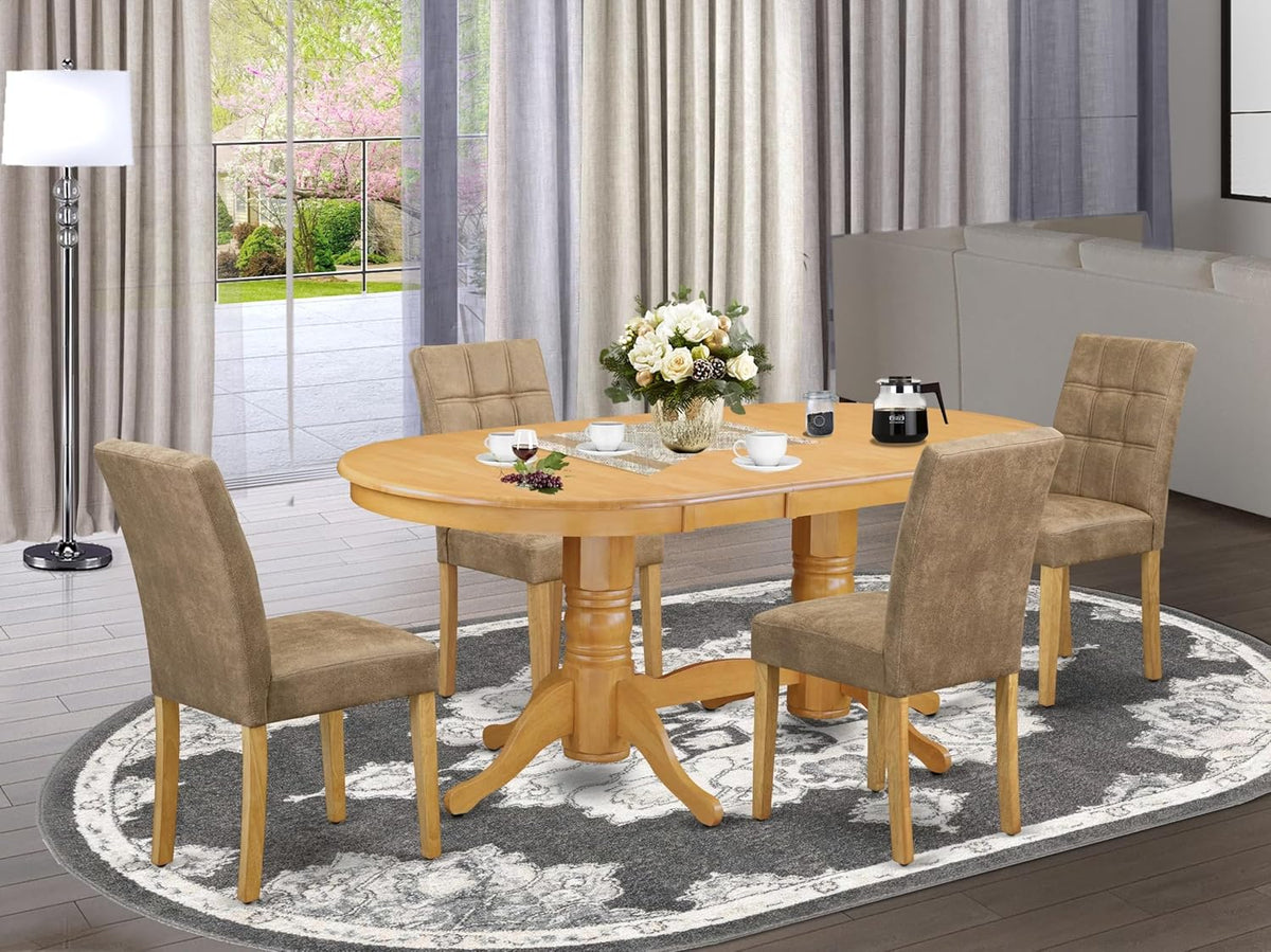 East West Furniture VAAS5-OAK-28 5 Piece Mid Century Modern Dining Set Consists A Dinner Table and 4 Brown Textured Polyester Fabric Upholstered Chairs, Oak