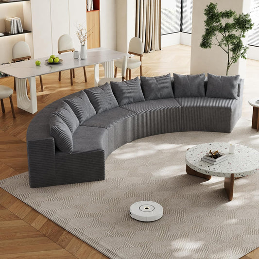 KEIKI Corduroy Curved Sectional Sofa, 4 Seater Symmetrical Modular Semi Circular Couch, Deep Seat Tufted Corner Sofa for Living Room, Lobby, Gray