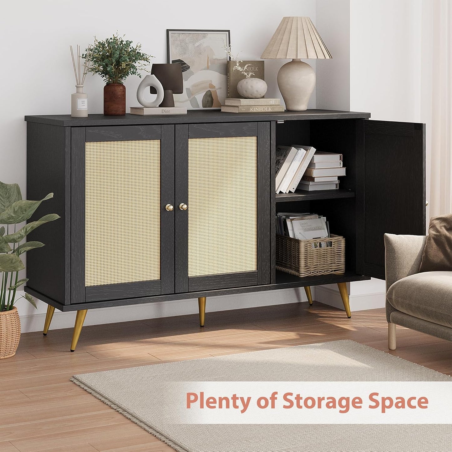 Shintenchi Large Rattan Storage Cabinet, Modern Sideboard Cabinet, Accent Large Storage Space Cabinet with Rattan Decorated Doors for Living Room, Dining Room, Black