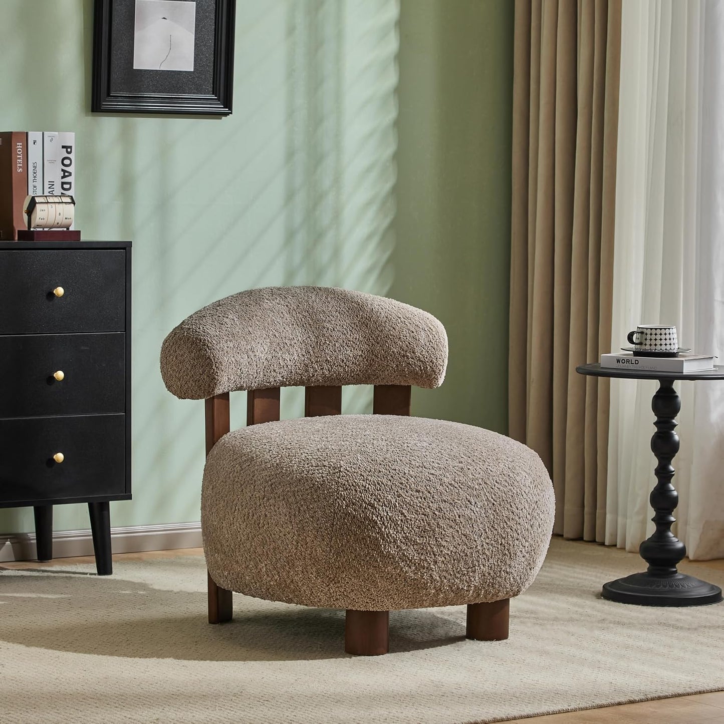 Christopher Knight Home Elvina Boucle Fabric Accent Chair, Solid Wood Single Lounge Sofa, Bedroom Comfy Reading Chair, for Modern Minimalist Style Living Room/Home Office, Light Brown